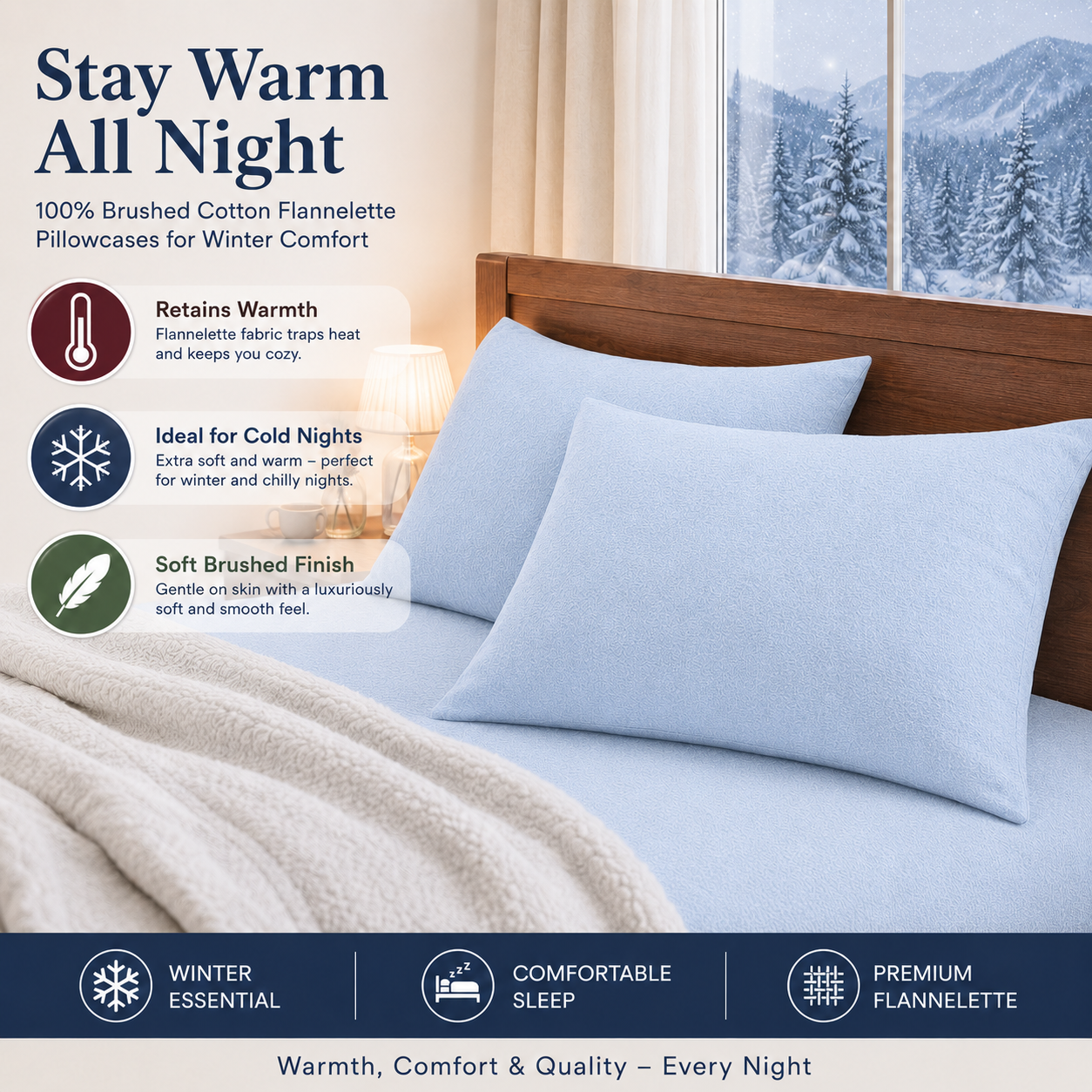 Flannelette Pillow Cases – 100% Brushed Cotton Soft Warm Bedding | Night Zone