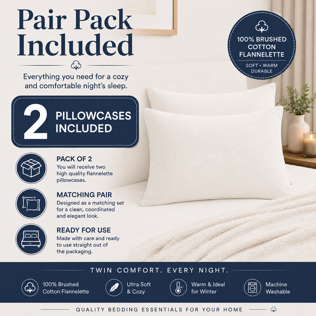Flannelette Pillow Cases – 100% Brushed Cotton Soft Warm Bedding | Night Zone
