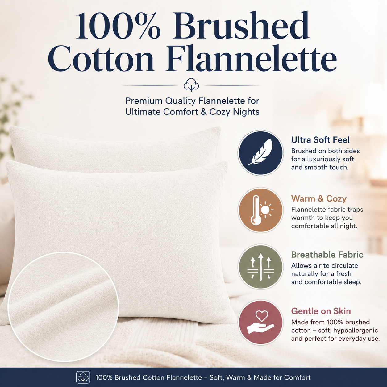 Flannelette Pillow Cases – 100% Brushed Cotton Soft Warm Bedding | Night Zone