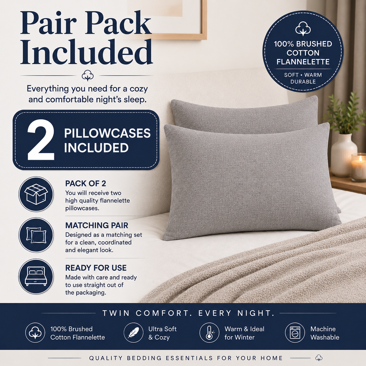 Flannelette Pillow Cases – 100% Brushed Cotton Soft Warm Bedding | Night Zone