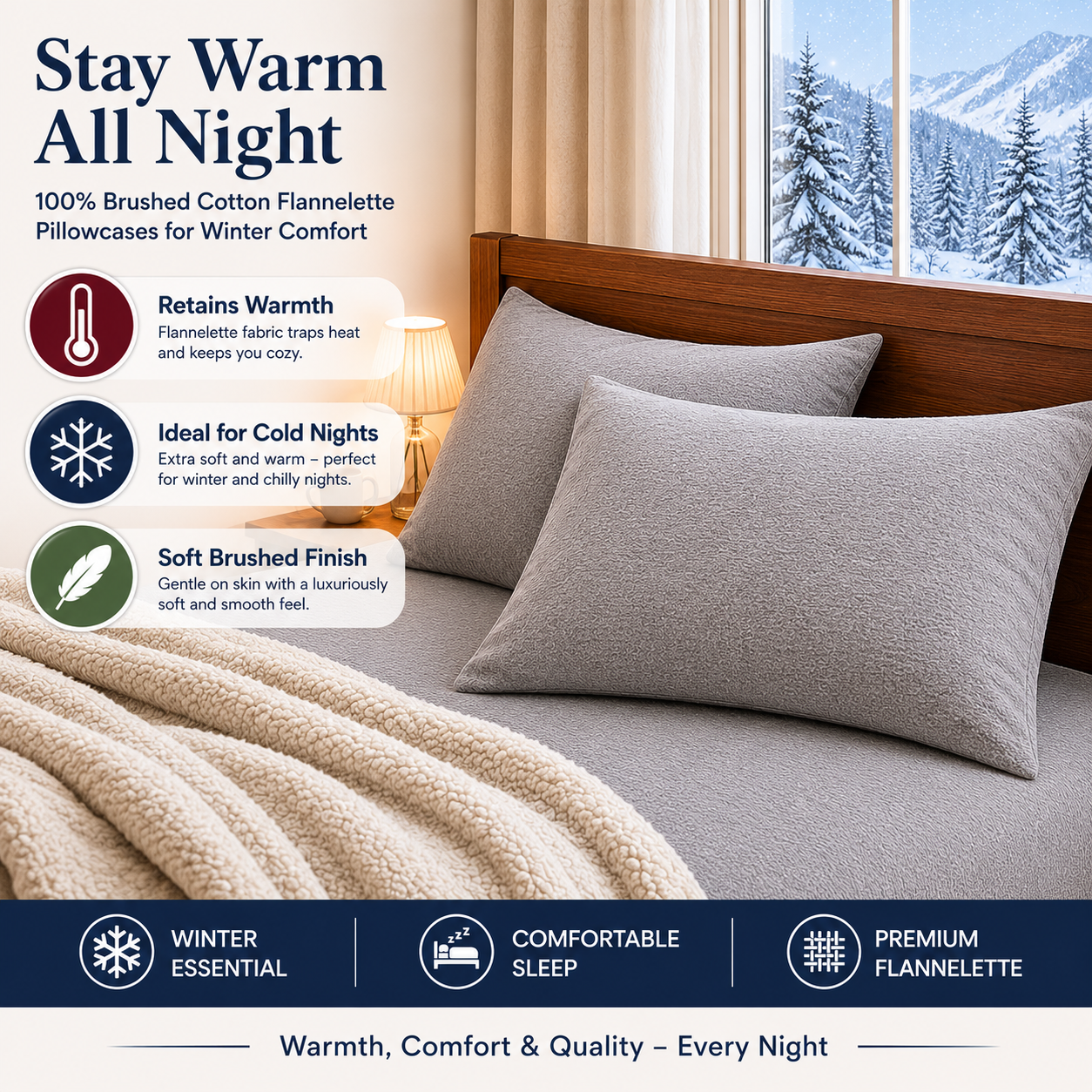 Flannelette Pillow Cases – 100% Brushed Cotton Soft Warm Bedding | Night Zone
