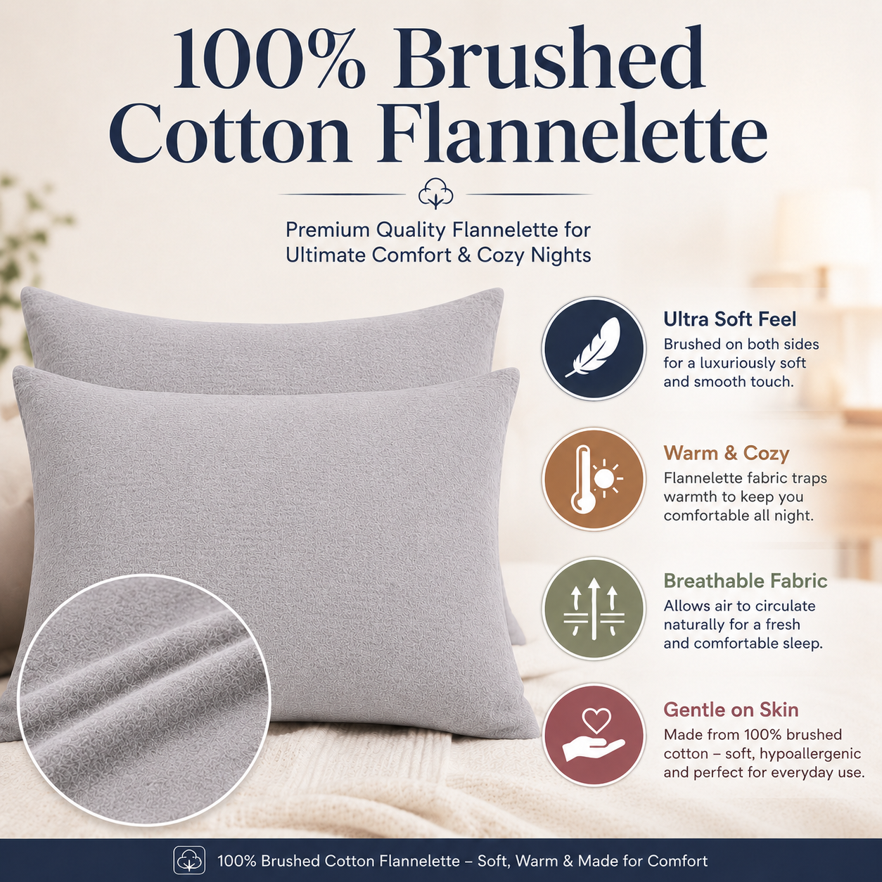 Flannelette Pillow Cases – 100% Brushed Cotton Soft Warm Bedding | Night Zone