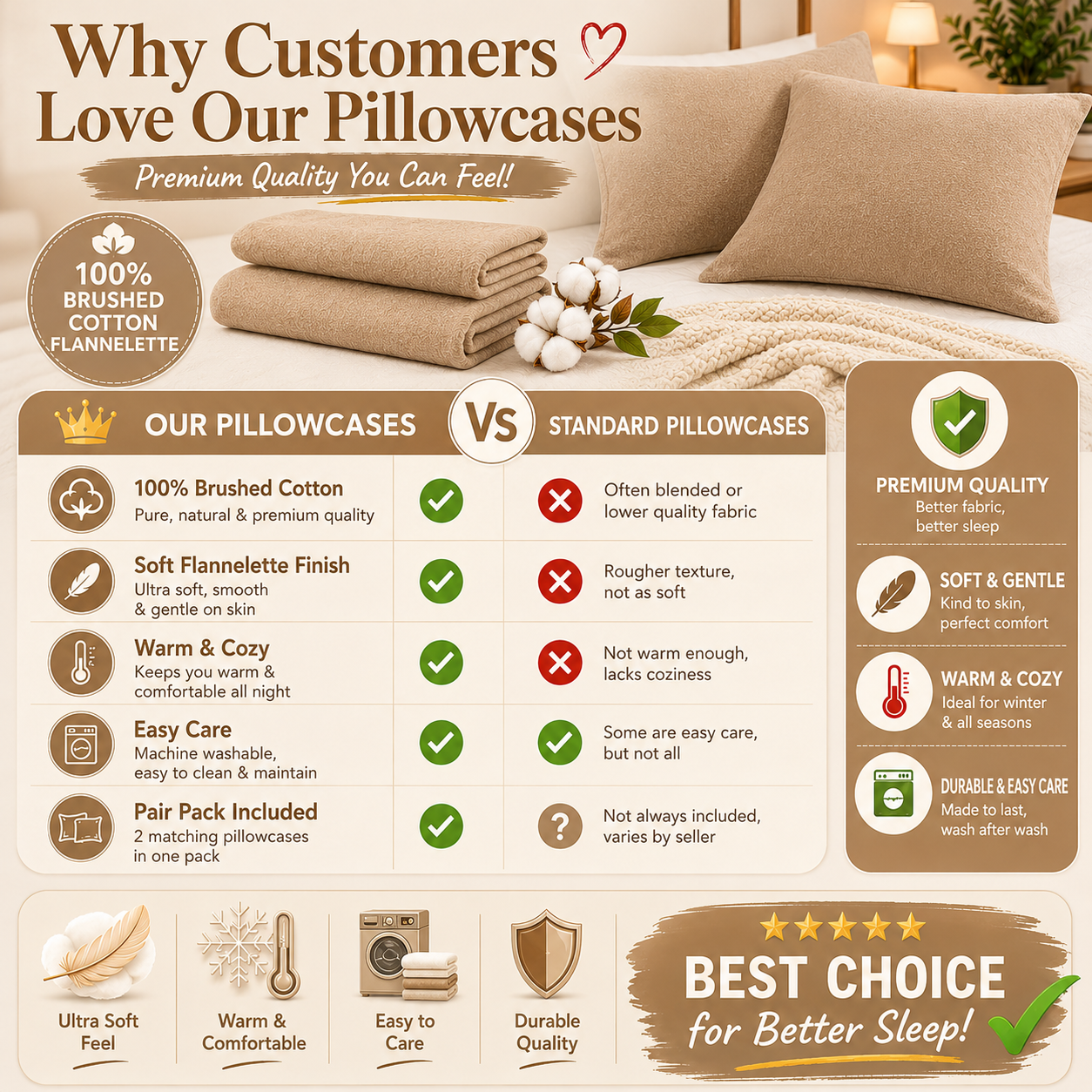 Flannelette Pillow Cases – 100% Brushed Cotton Soft Warm Bedding | Night Zone