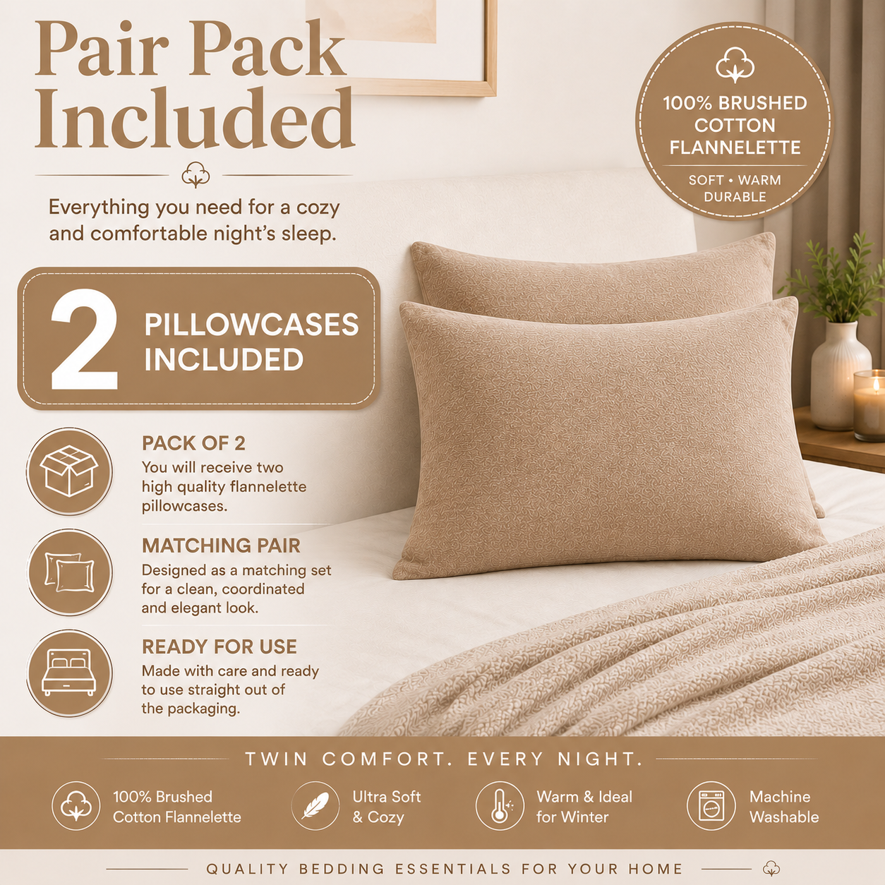 Flannelette Pillow Cases – 100% Brushed Cotton Soft Warm Bedding | Night Zone