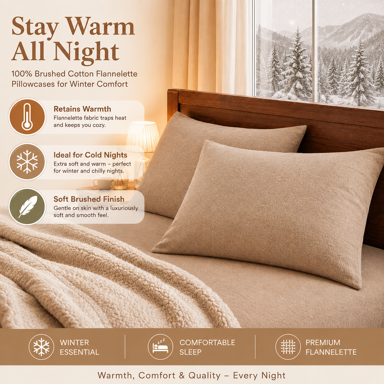 Flannelette Pillow Cases – 100% Brushed Cotton Soft Warm Bedding | Night Zone