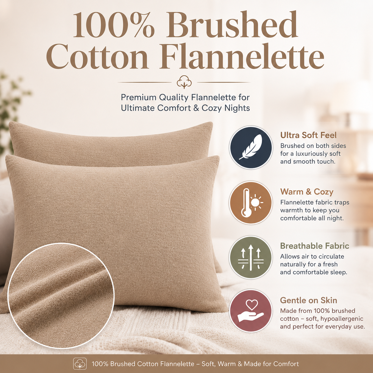 Flannelette Pillow Cases – 100% Brushed Cotton Soft Warm Bedding | Night Zone