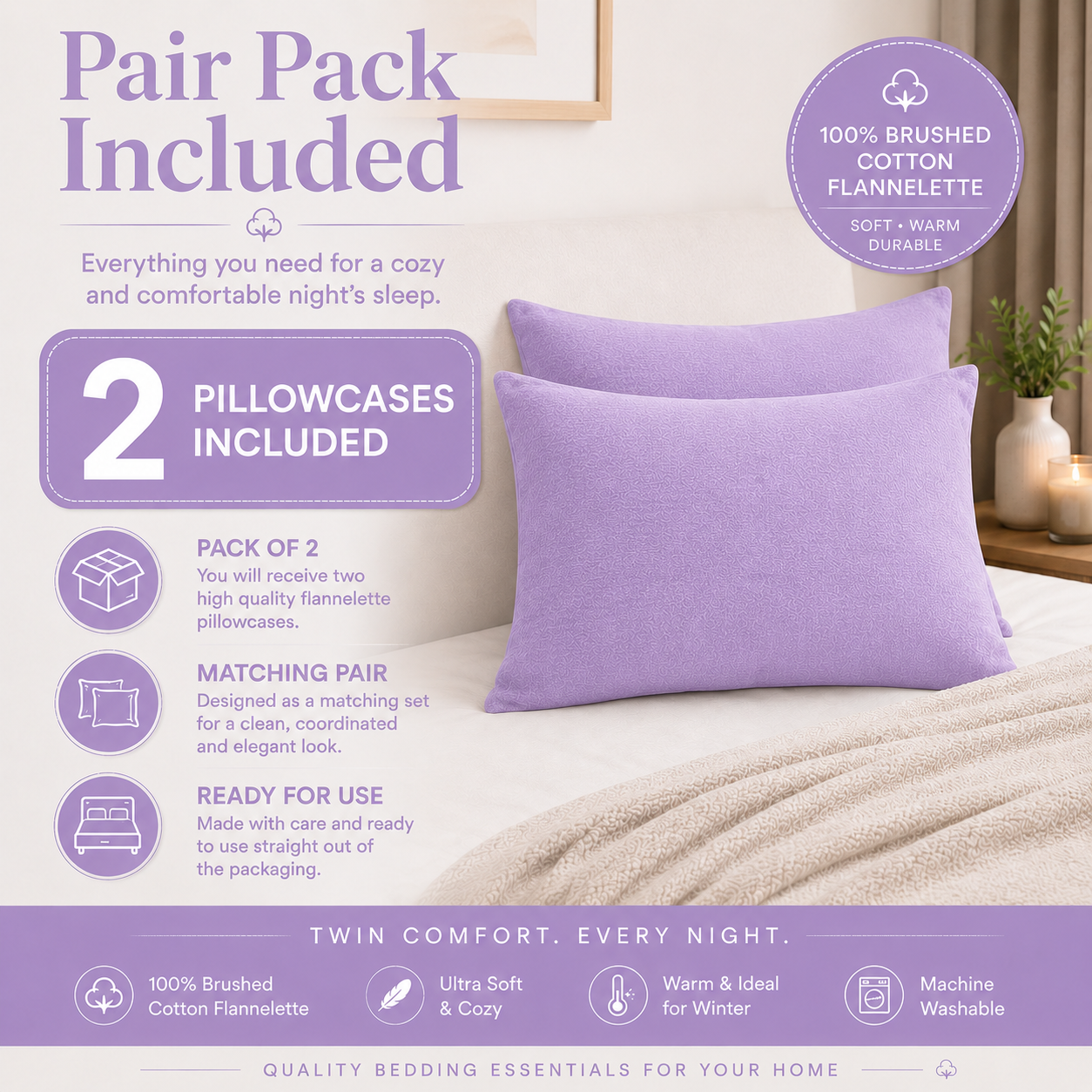Flannelette Pillow Cases – 100% Brushed Cotton Soft Warm Bedding | Night Zone