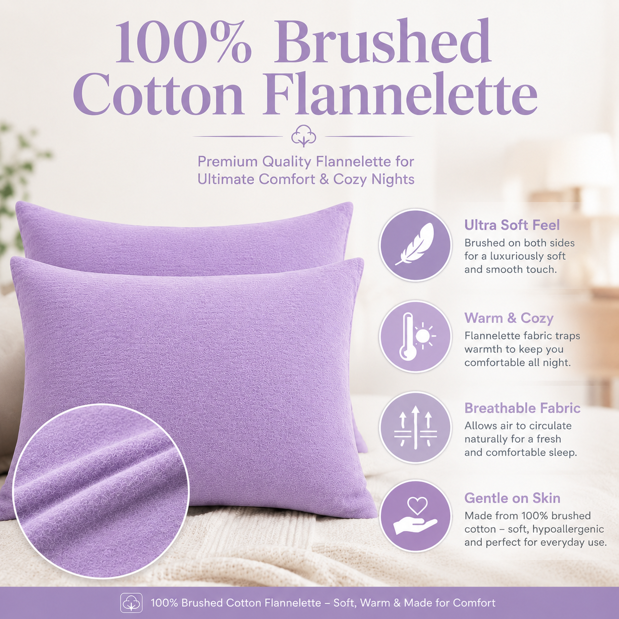 Flannelette Pillow Cases – 100% Brushed Cotton Soft Warm Bedding | Night Zone