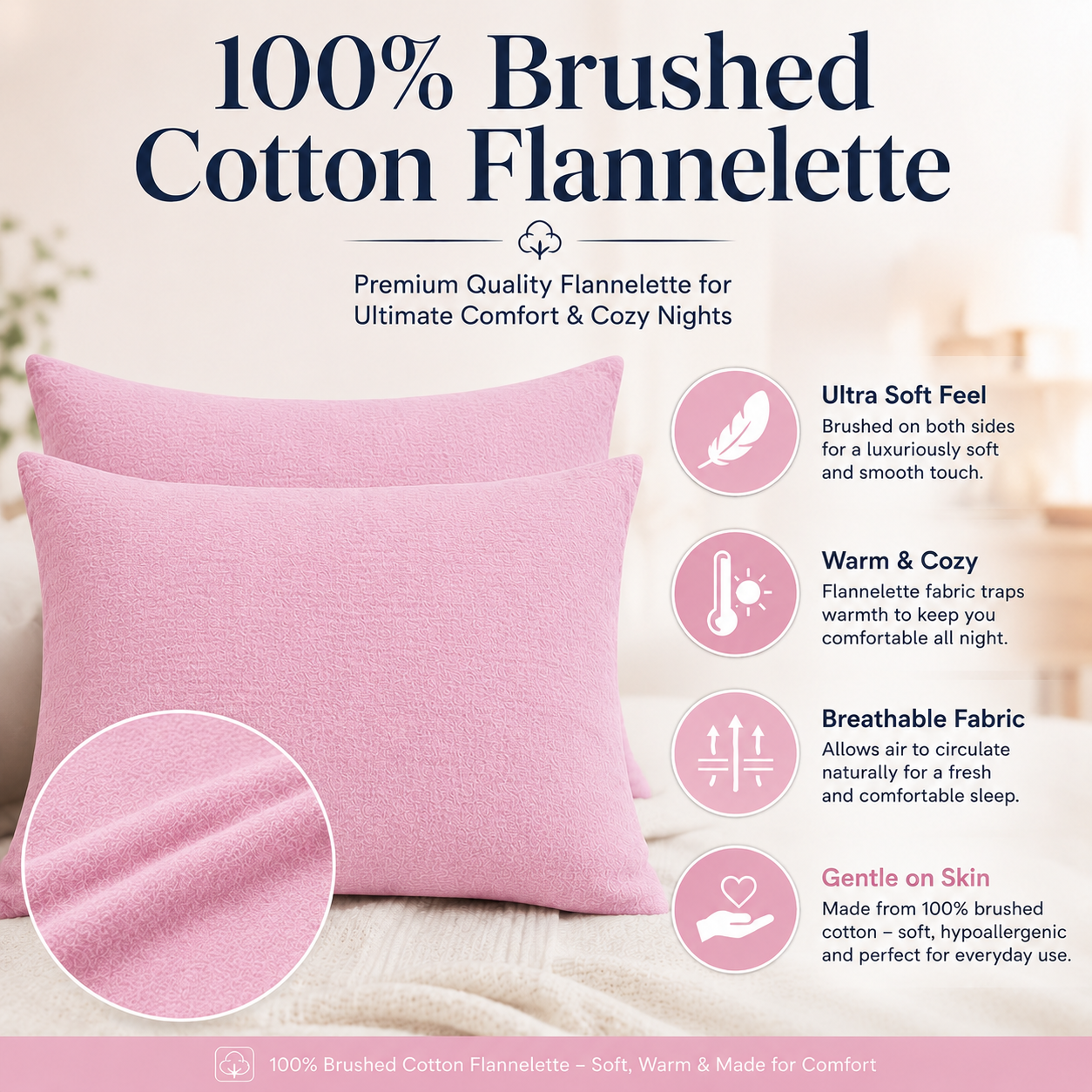 Flannelette Pillow Cases – 100% Brushed Cotton Soft Warm Bedding | Night Zone