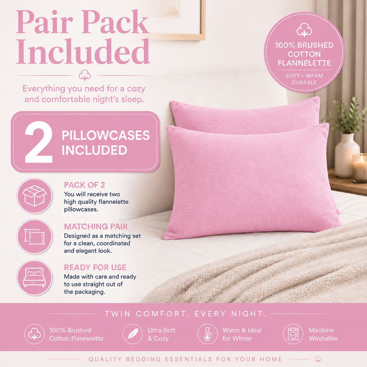Flannelette Pillow Cases – 100% Brushed Cotton Soft Warm Bedding | Night Zone