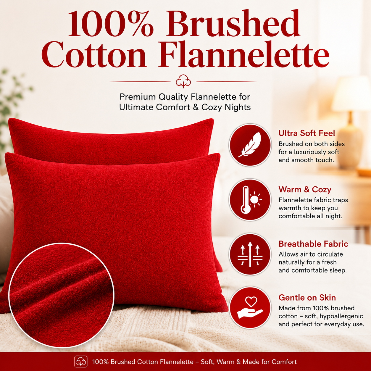 Flannelette Pillow Cases – 100% Brushed Cotton Soft Warm Bedding | Night Zone