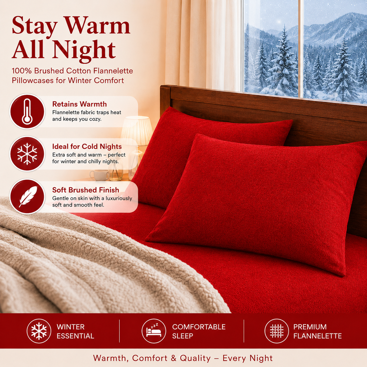 Flannelette Pillow Cases – 100% Brushed Cotton Soft Warm Bedding | Night Zone