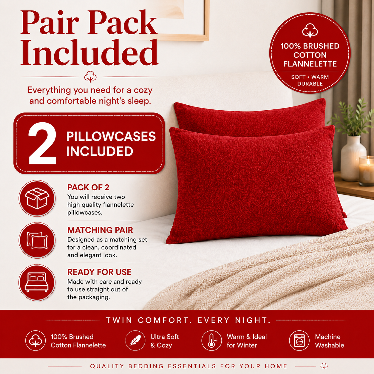 Flannelette Pillow Cases – 100% Brushed Cotton Soft Warm Bedding | Night Zone