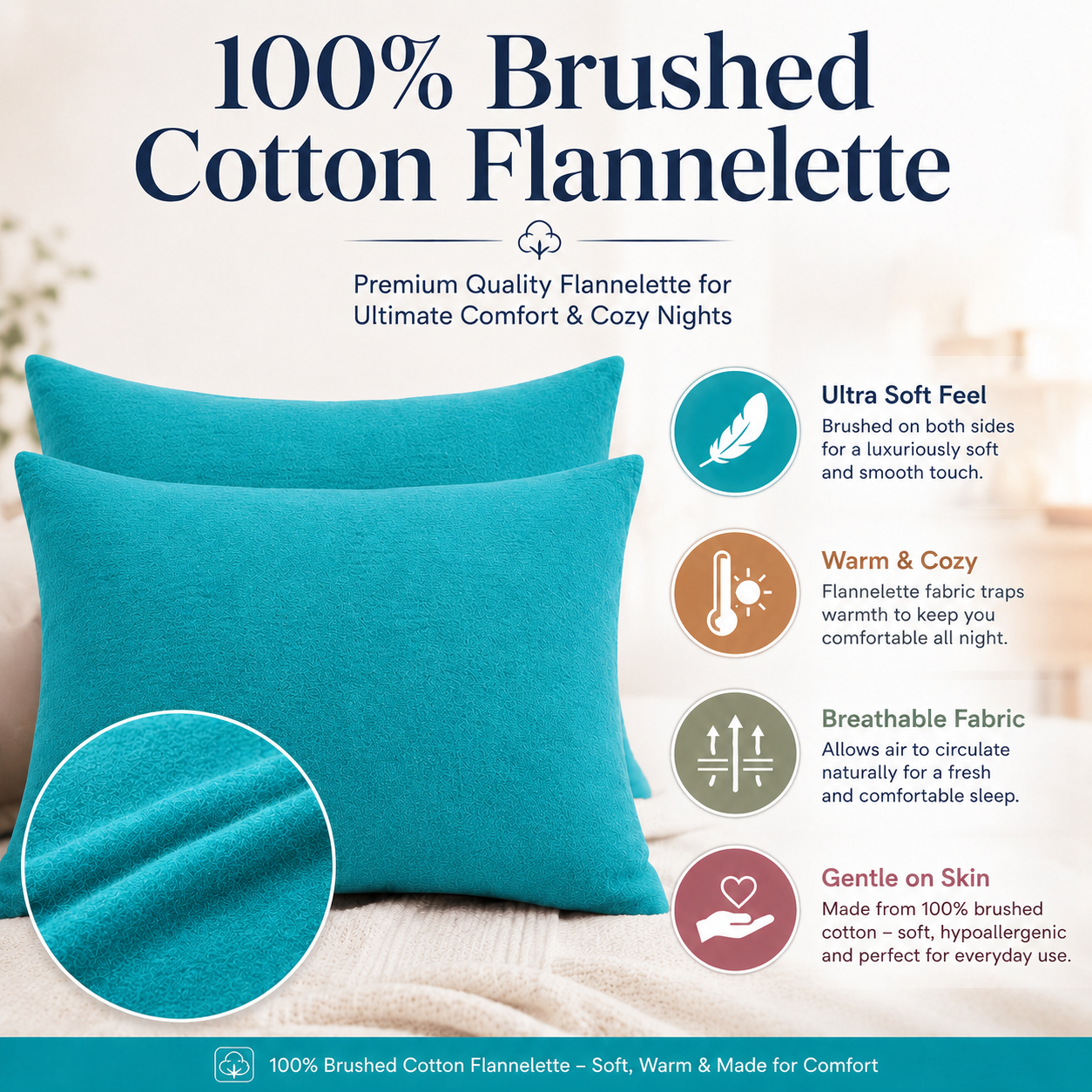 Flannelette Pillow Cases – 100% Brushed Cotton Soft Warm Bedding | Night Zone