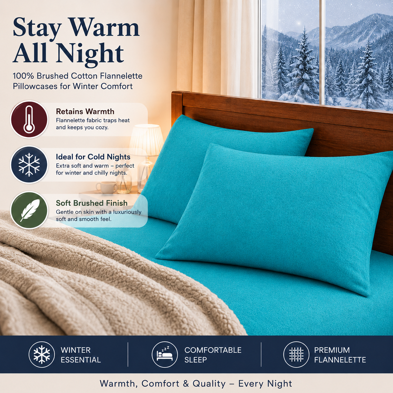Flannelette Pillow Cases – 100% Brushed Cotton Soft Warm Bedding | Night Zone
