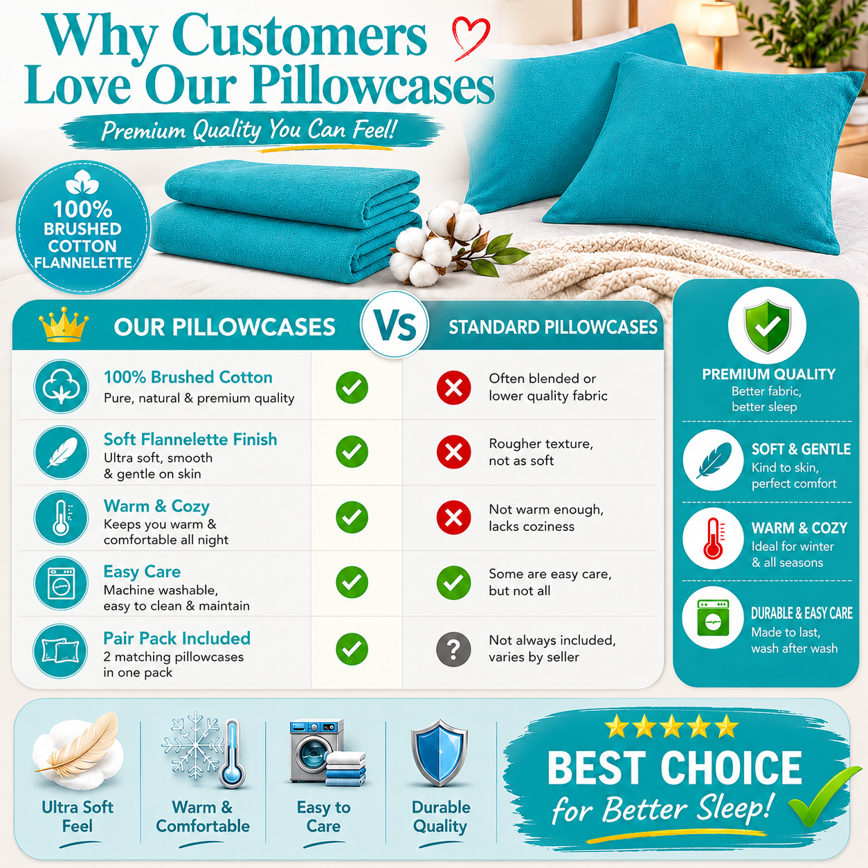 Flannelette Pillow Cases – 100% Brushed Cotton Soft Warm Bedding | Night Zone