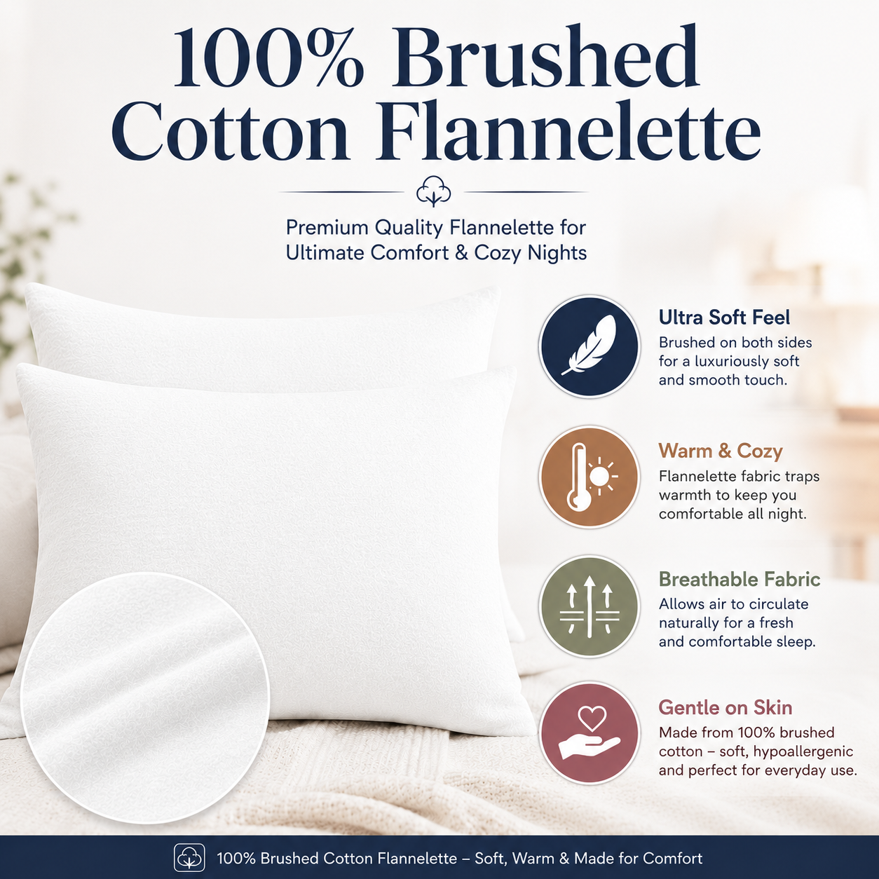 Flannelette Pillow Cases – 100% Brushed Cotton Soft Warm Bedding | Night Zone