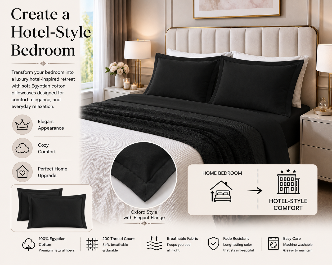 200 Thread Count Egyptian Cotton Pillowcases Pair – Hotel Quality Bedding | Night Zone