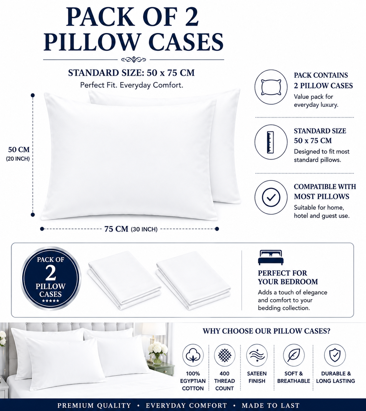 400 Thread Count Egyptian Cotton Pillow Case – Luxury Hotel Quality Bedding | Night Zone