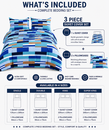 Max Blocks Blue Reversible Duvet Cover Set – Geometric Easy Care Bedding | Night Zone
