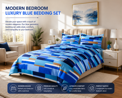 Max Blocks Blue Reversible Duvet Cover Set – Geometric Easy Care Bedding | Night Zone