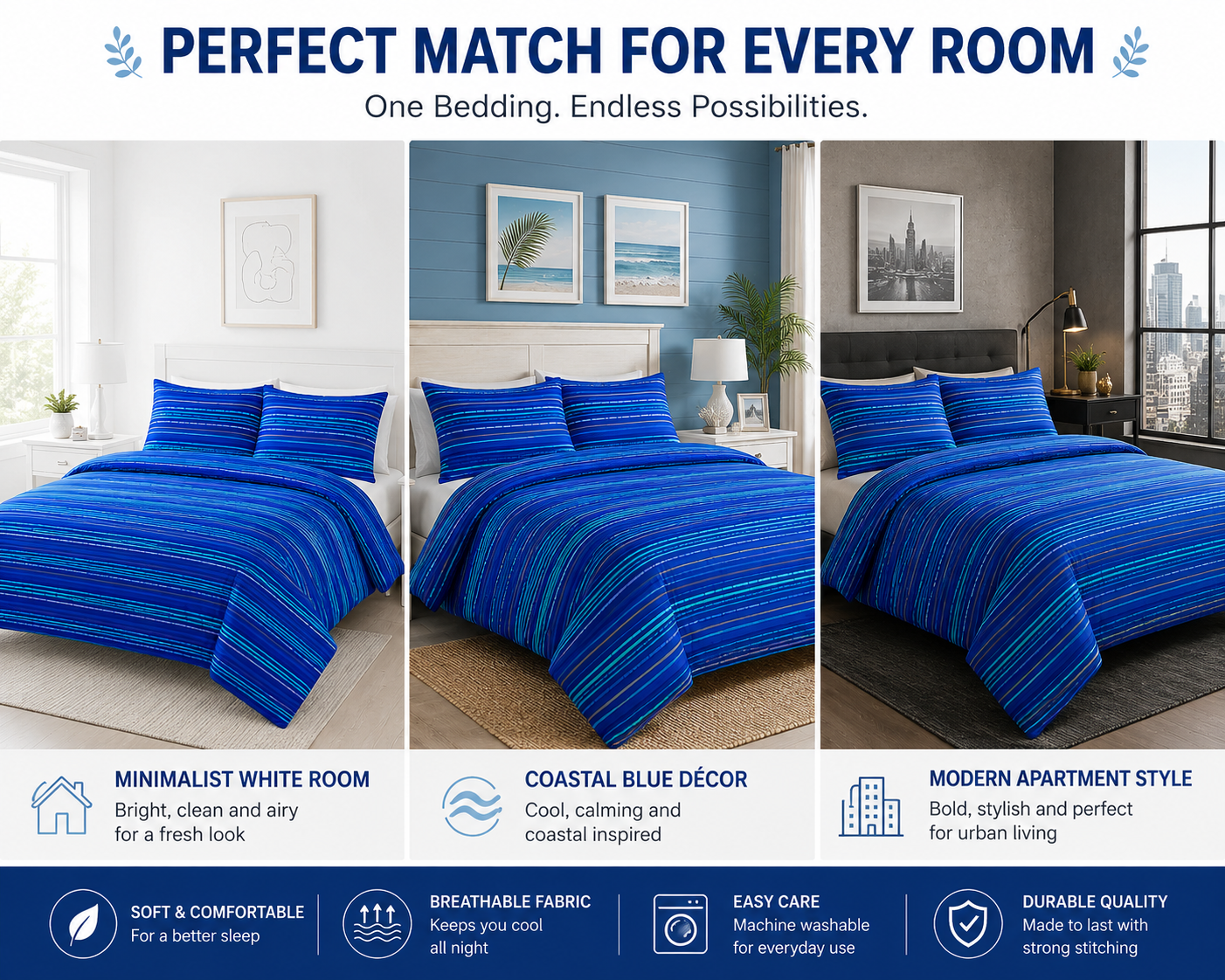 Leon Stripe Lines Reversible Duvet Cover Set – Modern Easy Care Bedding | Night Zone