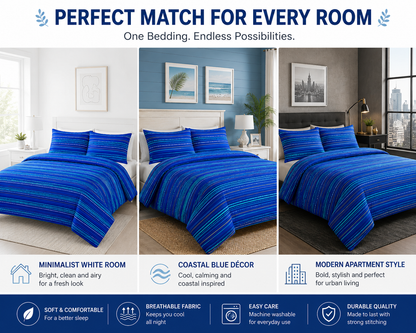 Leon Stripe Lines Reversible Duvet Cover Set – Modern Easy Care Bedding | Night Zone