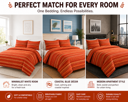 Leon Stripe Lines Reversible Duvet Cover Set – Modern Easy Care Bedding | Night Zone