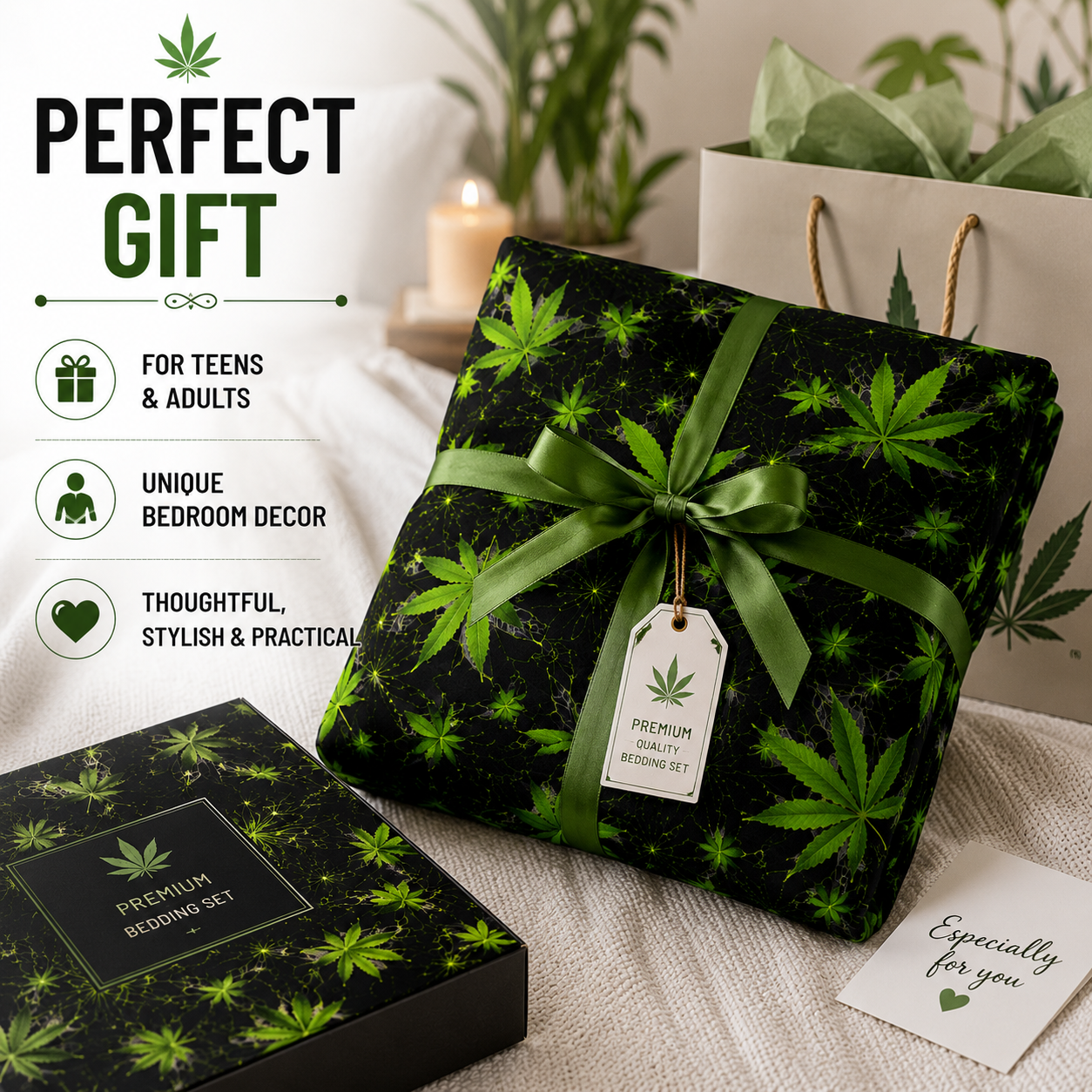 Cannabis Marijuana Weed Reversible Polycotton Duvet Cover Set – Easy Care Bedding | Night Zone