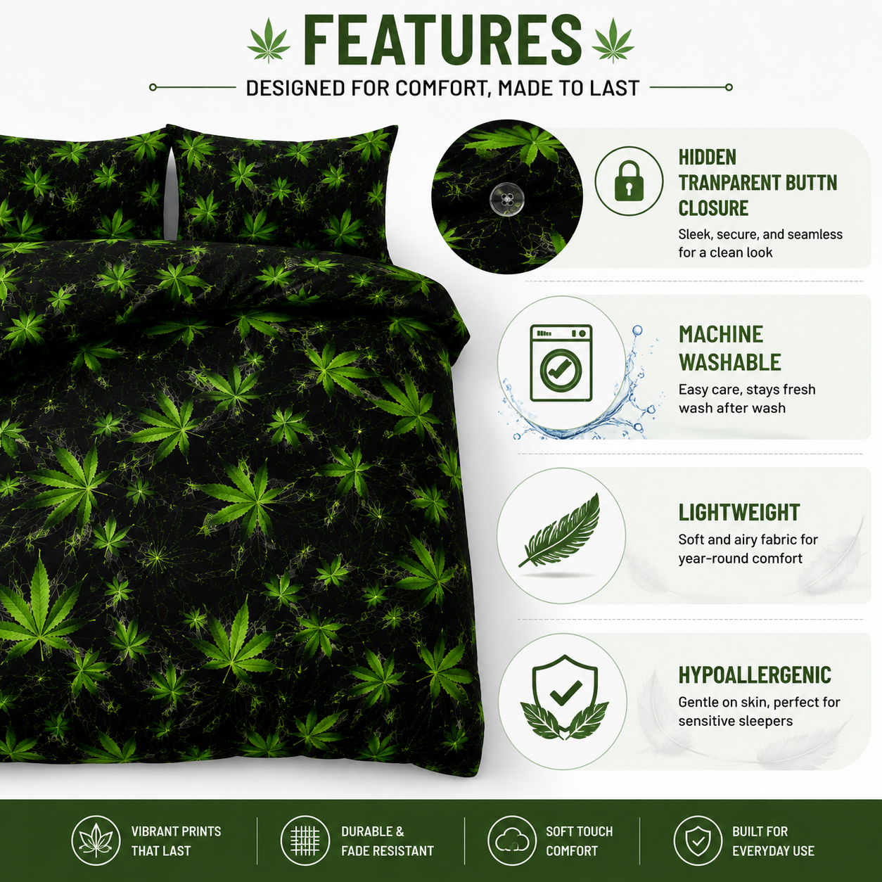 Cannabis Marijuana Weed Reversible Polycotton Duvet Cover Set – Easy Care Bedding | Night Zone