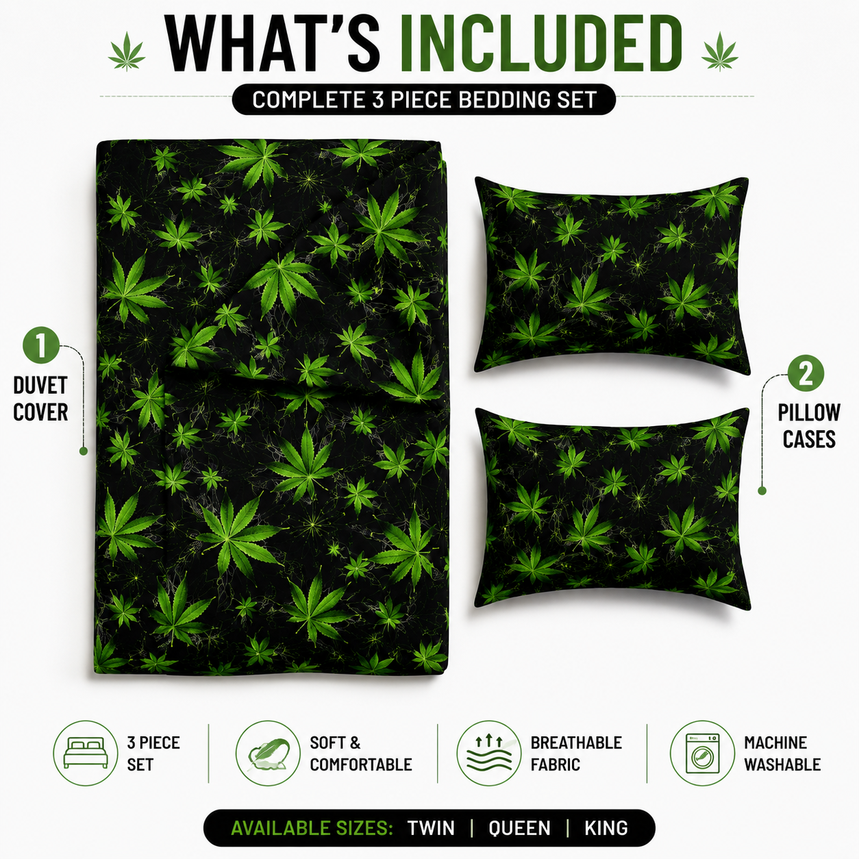 Cannabis Marijuana Weed Reversible Polycotton Duvet Cover Set – Easy Care Bedding | Night Zone