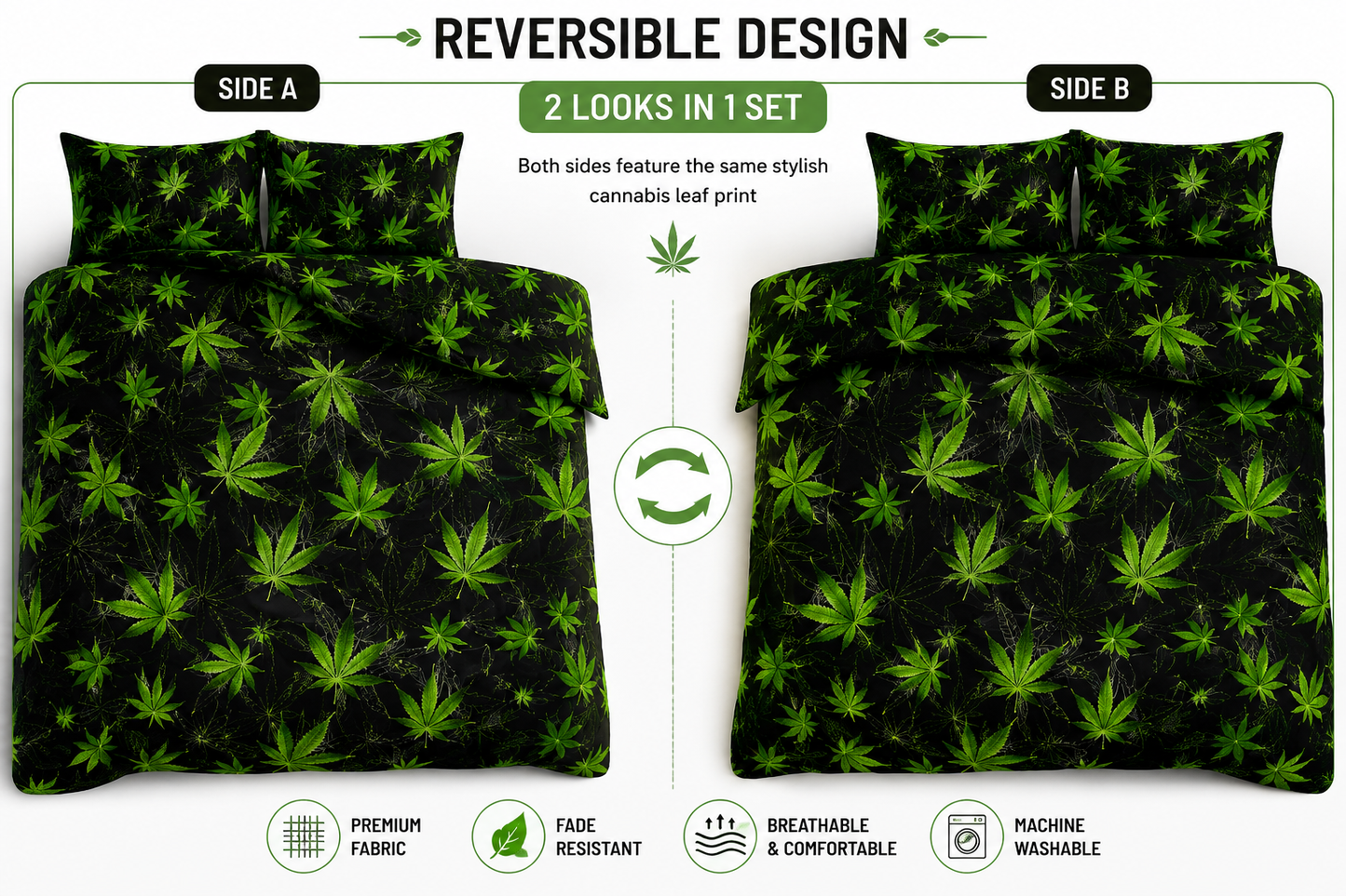 Cannabis Marijuana Weed Reversible Polycotton Duvet Cover Set – Easy Care Bedding | Night Zone