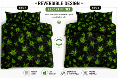Cannabis Marijuana Weed Reversible Polycotton Duvet Cover Set – Easy Care Bedding | Night Zone