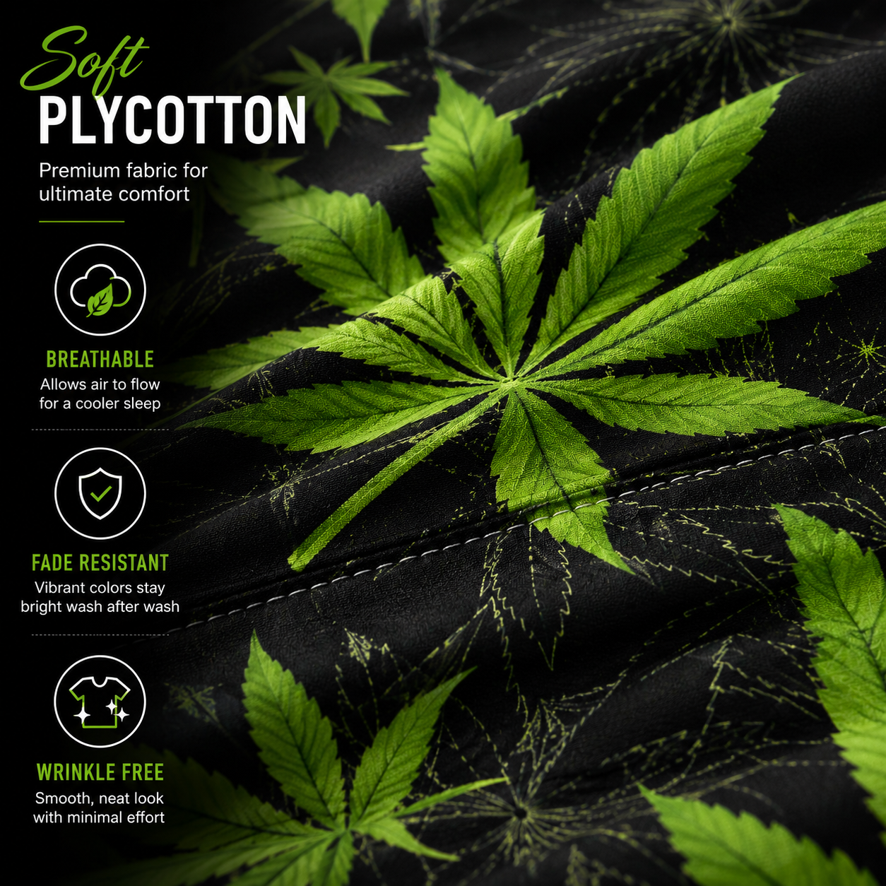 Cannabis Marijuana Weed Reversible Polycotton Duvet Cover Set – Easy Care Bedding | Night Zone