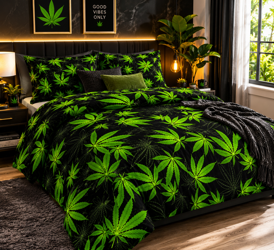 Cannabis Marijuana Weed Reversible Polycotton Duvet Cover Set – Easy Care Bedding | Night Zone