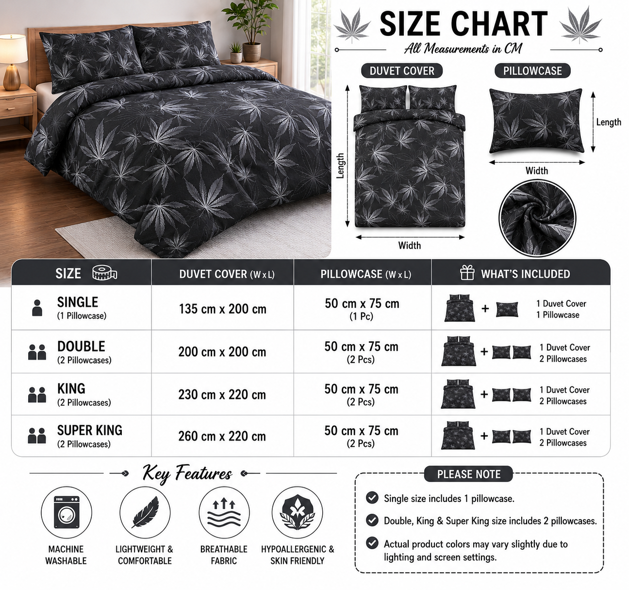 Cannabis Marijuana Weed Reversible Polycotton Duvet Cover Set – Easy Care Bedding | Night Zone