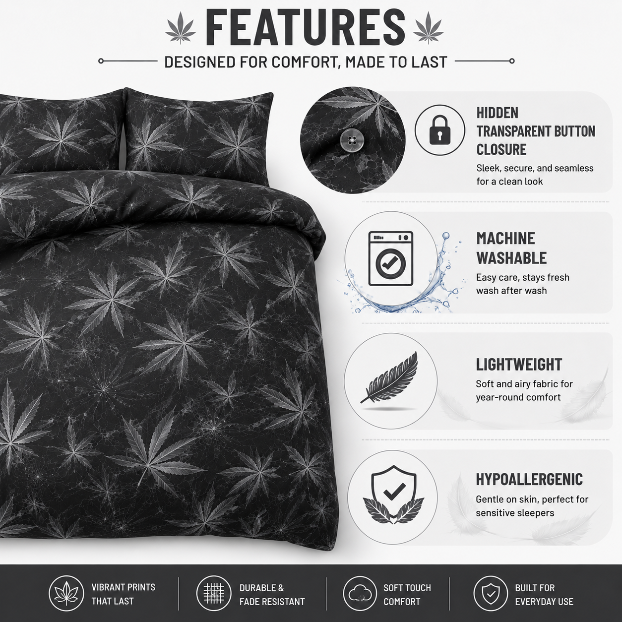 Cannabis Marijuana Weed Reversible Polycotton Duvet Cover Set – Easy Care Bedding | Night Zone