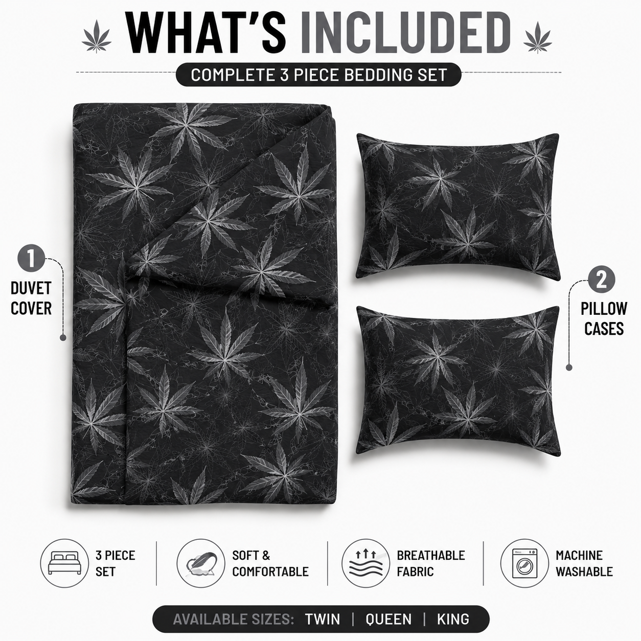 Cannabis Marijuana Weed Reversible Polycotton Duvet Cover Set – Easy Care Bedding | Night Zone