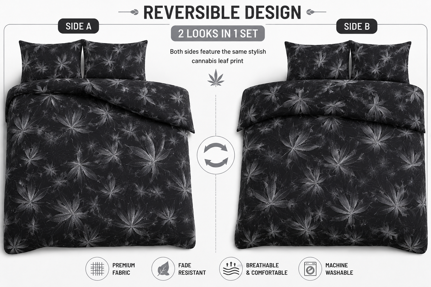 Cannabis Marijuana Weed Reversible Polycotton Duvet Cover Set – Easy Care Bedding | Night Zone
