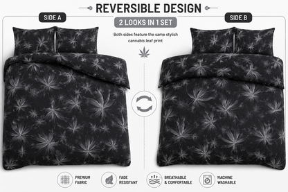 Cannabis Marijuana Weed Reversible Polycotton Duvet Cover Set – Easy Care Bedding | Night Zone