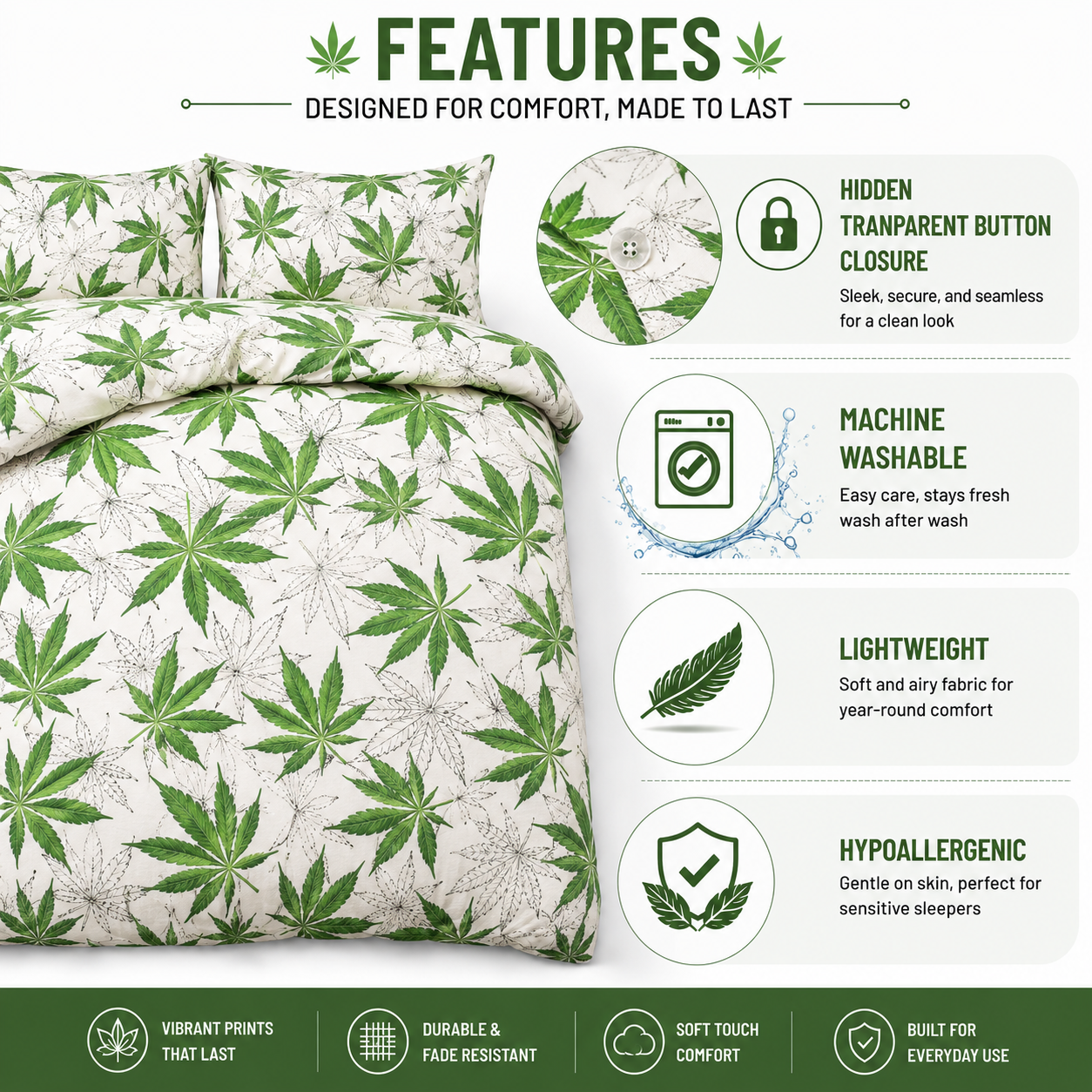 Cannabis Marijuana Weed Reversible Polycotton Duvet Cover Set – Easy Care Bedding | Night Zone