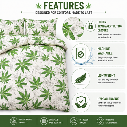 Cannabis Marijuana Weed Reversible Polycotton Duvet Cover Set – Easy Care Bedding | Night Zone