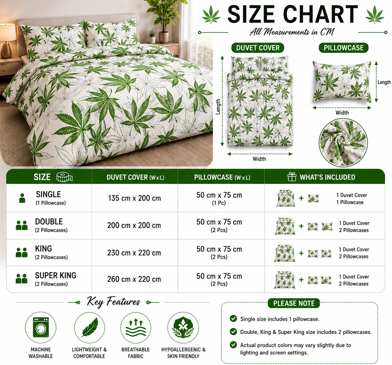 Cannabis Marijuana Weed Reversible Polycotton Duvet Cover Set – Easy Care Bedding | Night Zone