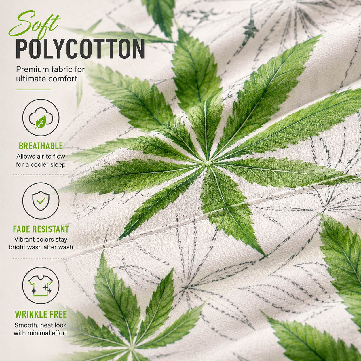 Cannabis Marijuana Weed Reversible Polycotton Duvet Cover Set – Easy Care Bedding | Night Zone