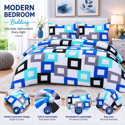 Douglas Luxury Geometric Squares Reversible Duvet Cover Set – Modern Easy Care Bedding | Night Zone