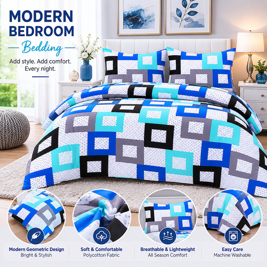 Douglas Luxury Geometric Squares Reversible Duvet Cover Set – Modern Easy Care Bedding | Night Zone