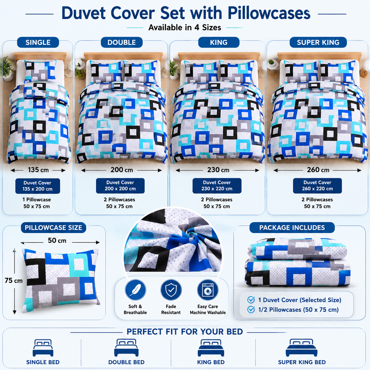 Douglas Luxury Geometric Squares Reversible Duvet Cover Set – Modern Easy Care Bedding | Night Zone