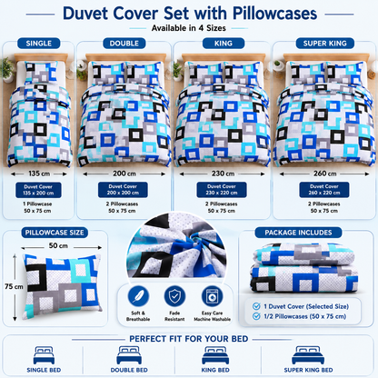 Douglas Luxury Geometric Squares Reversible Duvet Cover Set – Modern Easy Care Bedding | Night Zone