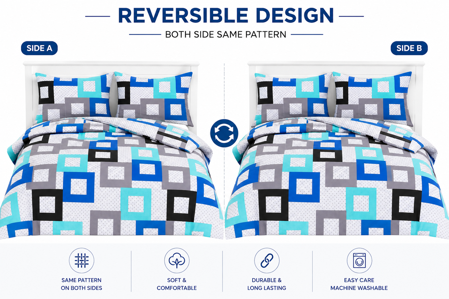 Douglas Luxury Geometric Squares Reversible Duvet Cover Set – Modern Easy Care Bedding | Night Zone