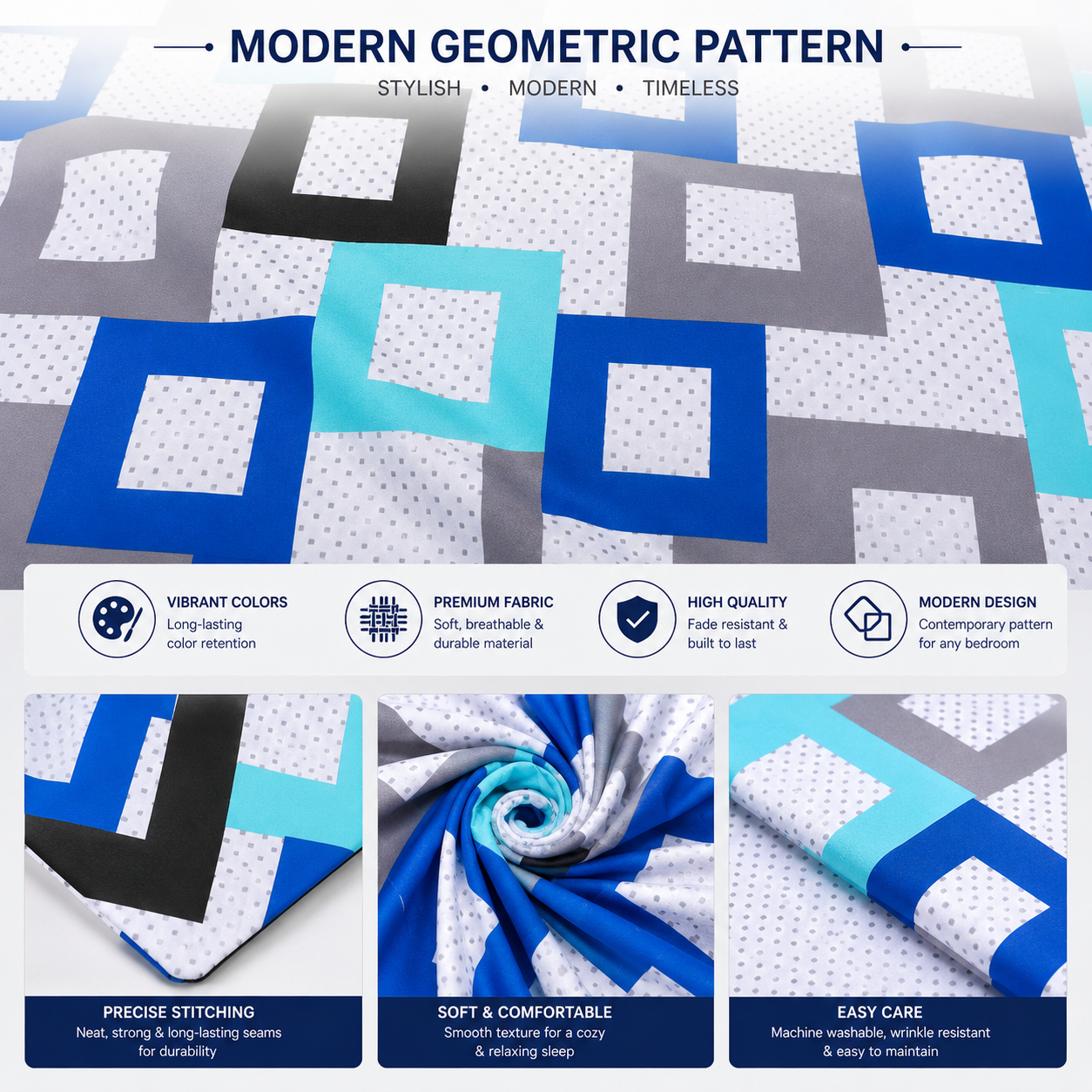 Douglas Luxury Geometric Squares Reversible Duvet Cover Set – Modern Easy Care Bedding | Night Zone